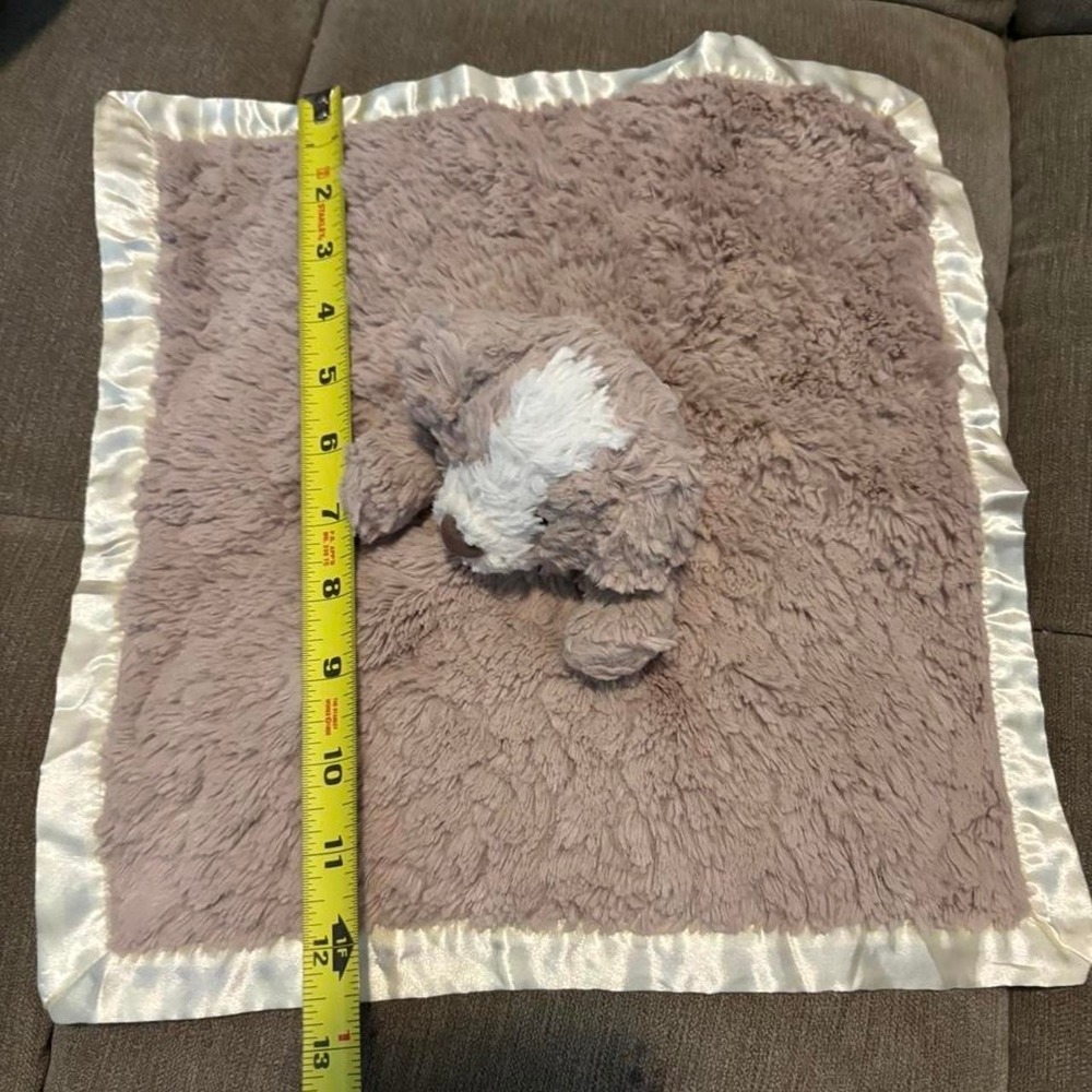 Mary Meyer brown & tan plush puppy dog  blanket with white satin trim